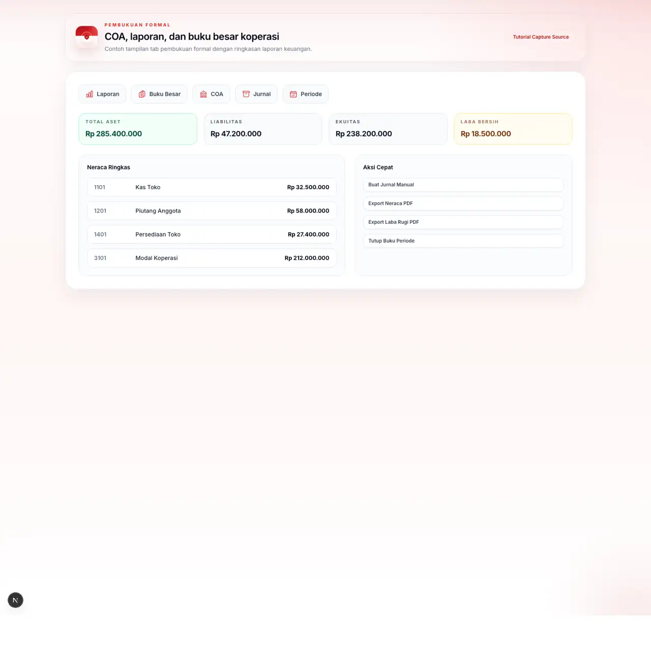 Screenshot halaman pembukuan formal koperasi
