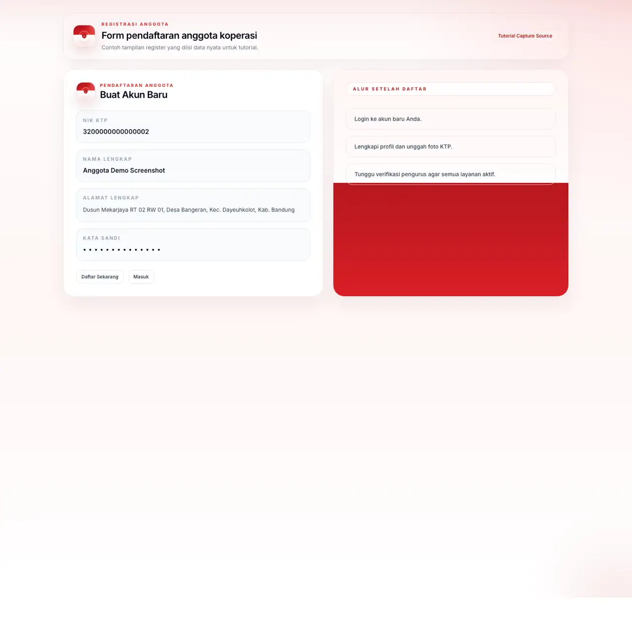 Screenshot halaman registrasi anggota koperasi