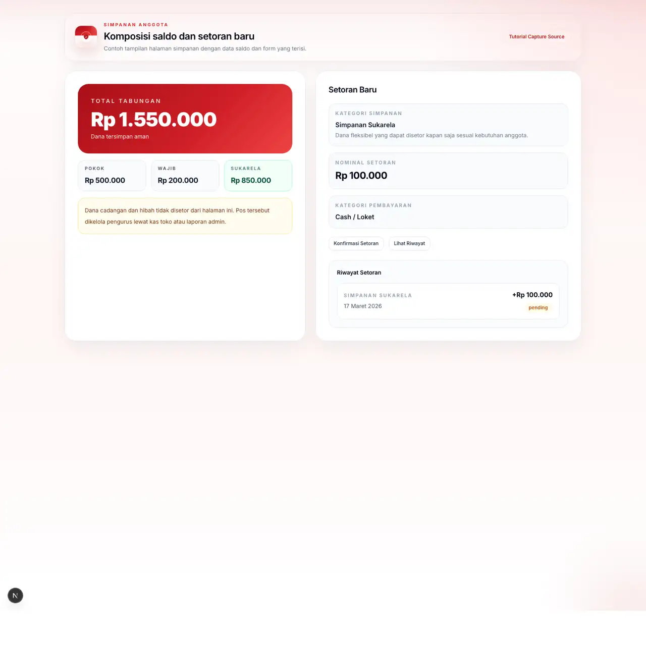 Screenshot halaman simpanan anggota